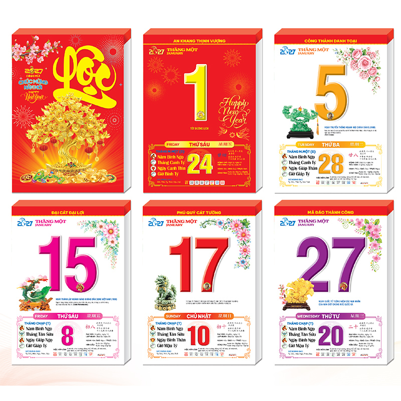 Lốc lịch Đinh M&ugrave;i 2027 365 ng&agrave;y 14.5 x 20.5cm phong thủy DVA