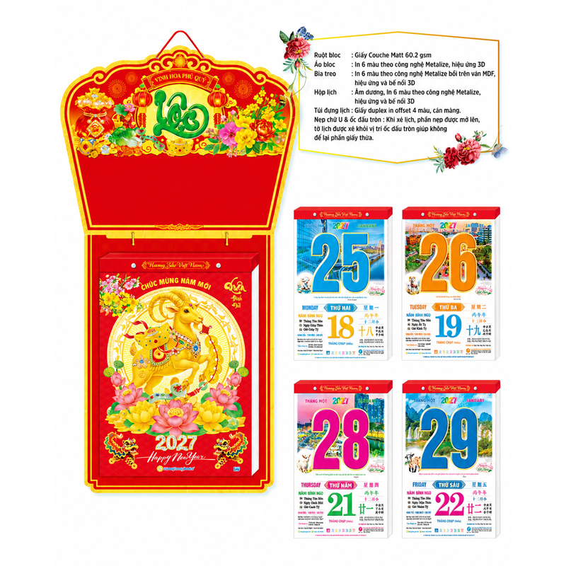 Bộ kh&aacute;nh lịch tết 2027 Đinh M&ugrave;i 25 x 35cm thư ph&aacute;p