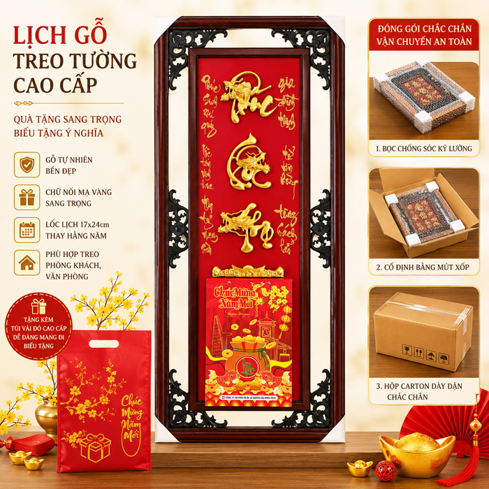 Lịch Gỗ Cao Cấp Ph&uacute;c Lộc Thọ - Nền Đỏ XLG02